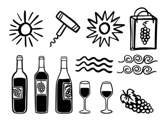 Hand Drawn Wine Set - Bold Line Vector Doodle Illustration Isolated on White Background