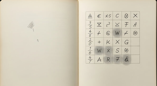 Close-up of an open book with a cryptic alphabet table on a yellowed page for Krishna janmashtami