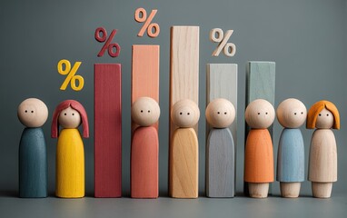 Colorful wooden figures lined up beside a bar graph.  Percentage signs float over the highest bar