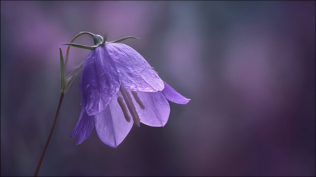 Delicate purple bellflower with water droplets in soft focus - Powered by Adobe