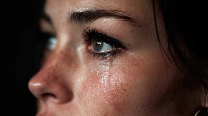 Tears stream through smeared mascara as the woman’s expression reveals heartbreak and emotional pain in a vulnerable, intimate moment.
