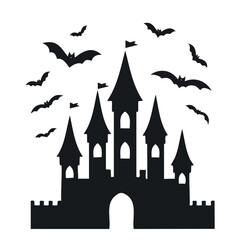 Spooky haunted castle silhouette with flying bats on a white background. Creepy gothic mansion vector illustration for Halloween celebration.