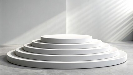 Obraz premium A white tiered platform in a white room with light streaming in from the right corner of the image