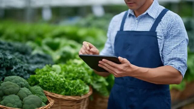 A farmer digitally annotates crop yield data amidst baskets of fresh produce, enhancing agricultural efficiency.
