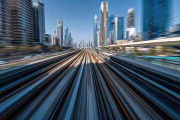 Obraz premium Urban transit blur. Skyscrapers line a fast-moving metro line, motion-blurred to depict speed