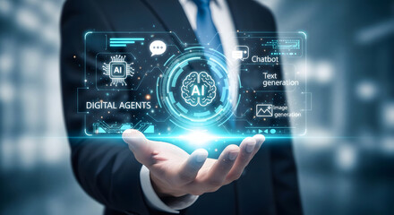 Obraz premium Innovative AI technology in the palm of a businessman's hand for future business success