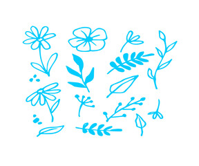 Flower abstract hand drawn brush ink stroke. Sketch hand drawn silhouette floral plant, nature graphic leaf, Vector simple flower, leaf ink stroke. Vector illustration