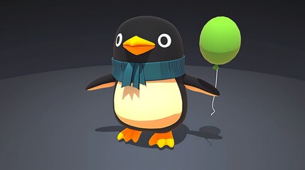 3D penguin character with small scarf and balloon, bright and friendly pose, smooth cartoon-style shading, clean minimal backdrop