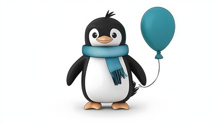 3D penguin character with small scarf and balloon, bright and friendly pose, smooth cartoon-style shading, clean minimal backdrop