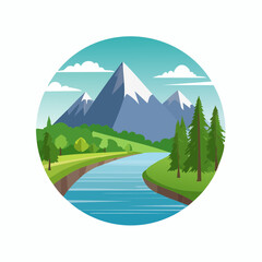 Serene Mountain River Landscape Illustration