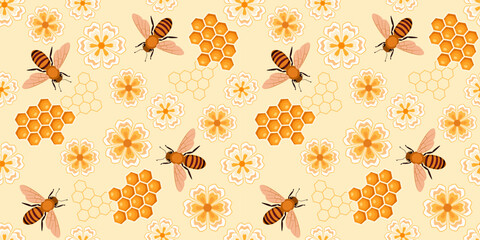 Vector seamless pattern with bees, honeycombs and flowers. Concept of honey production and sale. The pattern can be used as a background for textiles, packaging, labels, fabric, cards and banners.