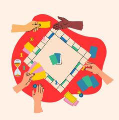 Creative board game hobbies. Human arms actively playing a tabletop game. Game elements like dice, cards, and pawns. Fun social activity. Vector illustration