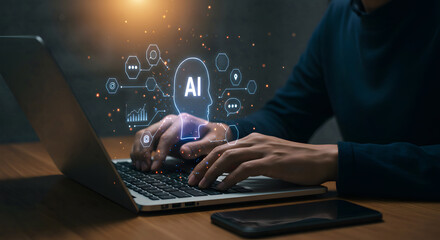Professional analyzes data using AI on laptop, unlocking insights for innovative solutions and business growth