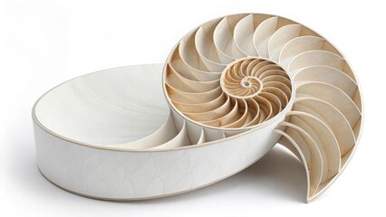 Obraz premium Close up of a halved nautilus shell revealing its intricate internal spiral structure on white background