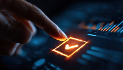 A hand with a finger touches a glowing checkmark icon on a digital interface with financial data