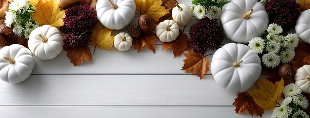 Fall decorative arrangement featuring white pumpkins, colorful leaves, and flowers on a rustic wooden table for seasonal celebrations