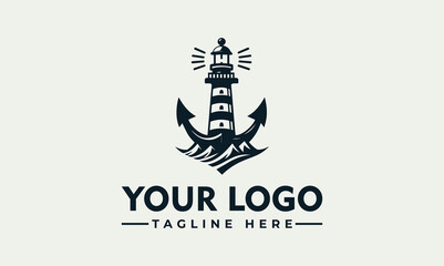 Lighthouse with radiating light, flanked by anchors, above a placeholder for a logo and tagline.