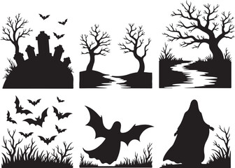 Spooky Halloween silhouettes featuring ghost, bats, graveyard, and trees