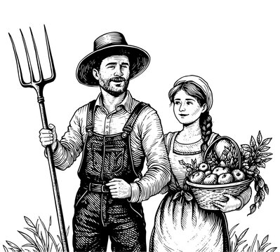 Traditional farmer couple with pitchfork and basket of apples in a rustic setting