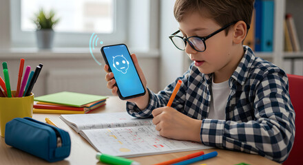 Young student learns with AI tutor app on smartphone, embracing modern educational technology