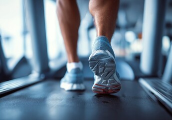 Close-up of athletic legs on a treadmill.  Focus on light-blue running shoes
