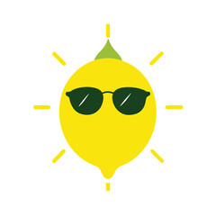 Yellow lemon character wearing sunglasses with sun rays on white background fruit