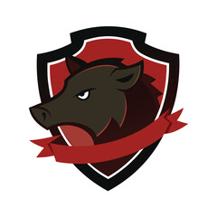 Wild Boar Head Emblem with Red Ribbon Logo animal