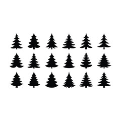 Obraz premium Collection of silhouetted evergreen trees in a row on a white background