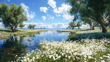 Sunny meadow bordering a tranquil stream, dotted with wildflowers and trees, leading to a serene vista
