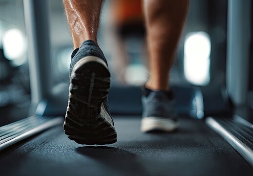 Close-up of feet running on a treadmill.  Focus on the soles of athletic shoes