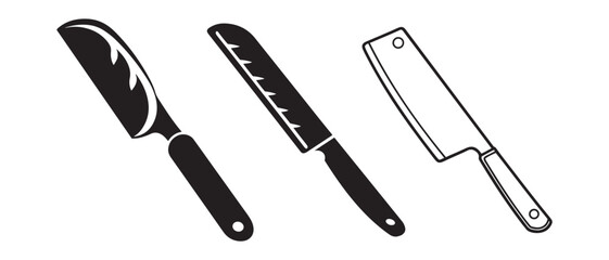 Essential Kitchen Knife Set. Chef, Santoku & Cleaver Silhouettes in Minimalist Black.