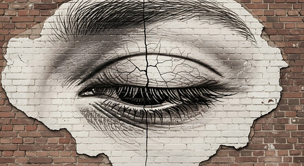 Close-up of a realistic eye mural on a cracked brick wall for Krishna janmashtami celebration