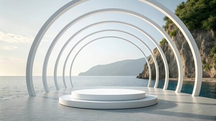White platform with arches overlooking the sea and mountains on a bright sunny day in a scenic location
