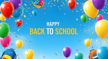 Happy back to school celebration with balloons, confetti, and school supplies against a blue sky background