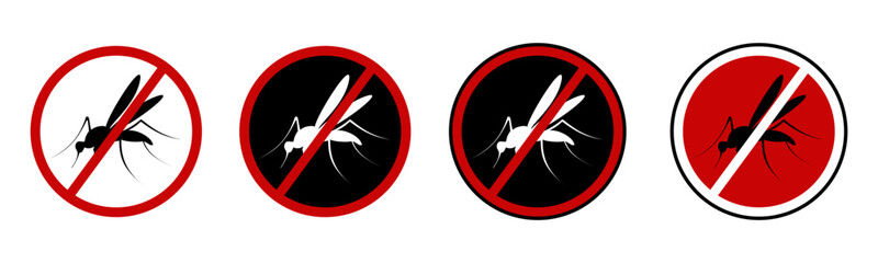 No mosquito fly. Anti gnat or stop midge vector icon, insect repellent spray sign, bite forbidden red cross circle, insects danger and control warning symbol with mosquitoes silhouette. World Mosquito © Rayn