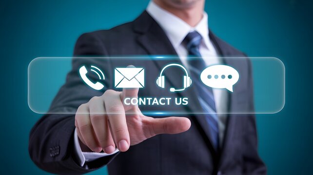 Man in suit pointing at contact us interface with phone email headset and speech bubble icons displayed