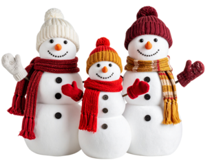 Cute Snowman Family Trio with Winter Accessories and Smiling Faces, Front View, isolated on transparent background PNG