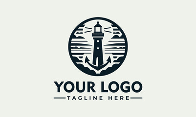 A logo design featuring a lighthouse, anchors, and waves, symbolizing guidance and navigation.