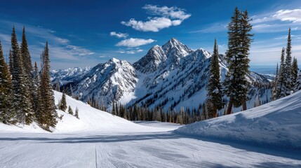 Fototapeta premium A wide ski slope stretching gently down a mountain, covered in pristine white snow under a clear blue sky