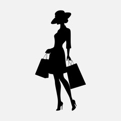Woman Shopping Black Icon Silhouette Vintage Style Design, Black Shopping Bag Girl Lifestyle Design Set, Woman Symbol Woman Shopping And Bag Illustration Vector Design