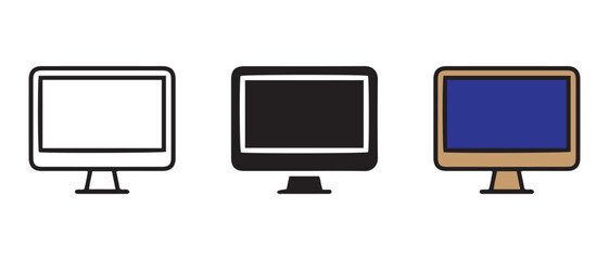 Comparison of Three Computer Monitor Icons. Outline, Solid Black, and Brown with Blue Screen.