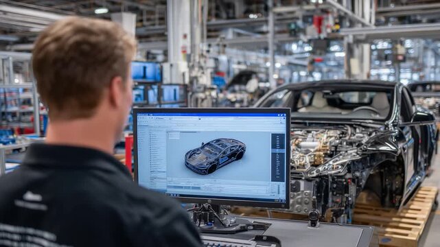 Engineers fine-tune electric drivetrain components using 3D models amidst partially assembled EVs in a well-lit assembly hall.