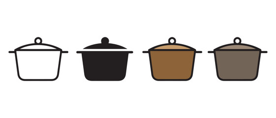 Cooking Pot Icons with Lids. White, Black, Brown, and Gray Variants for Kitchenware Design and Product Comparison.