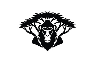 World animal day vector art of gorilla face with tree behind it isolated, black and