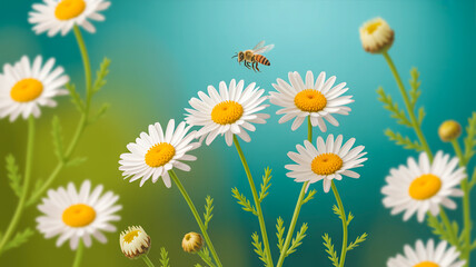 Obraz premium A close-up nature photograph of white daisies with yellow centers against a soft turquoise background