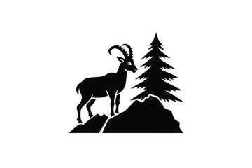 World animal day vector art of ibex standing a rocky mountain with a pine tree isolated