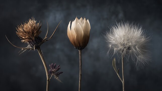 Three dried wildflowers showcasing texture and form against a dark moody background - Powered by Adobe