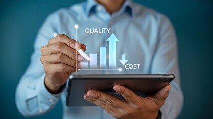 Man analyzing business growth chart showing increased quality and decreased cost on tablet