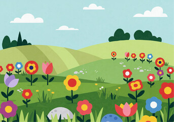 Fototapeta premium Colorful cartoon flowers bloom in a grassy field under a blue sky with fluffy white clouds. Rolling green hills rise in the background.