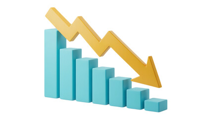 Fototapeta premium 3D Blue Bar Chart with Yellow Downward Arrow finance decline isolated on a transparent background